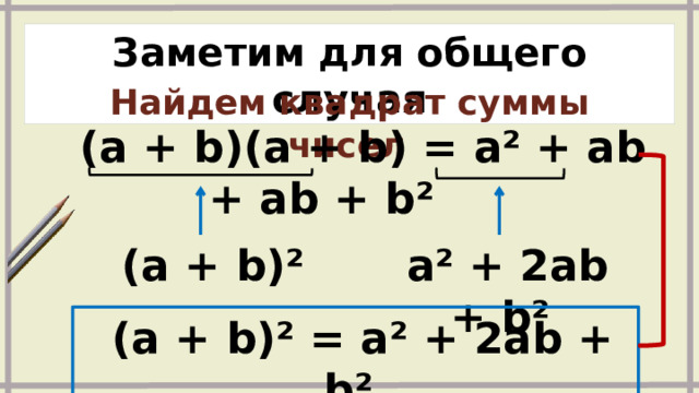 Заметим для общего случая Найдем квадрат суммы чисел   (a + b)(a + b) = a² + ab + ab + b²   (a + b)²  a² + 2ab + b²  (a + b)² = a² + 2ab + b² 