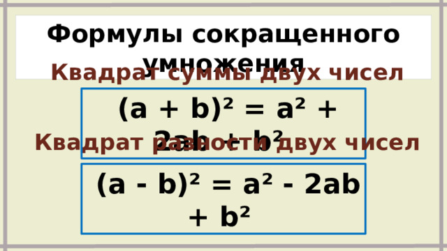 Формулы сокращенного умножения  Квадрат суммы двух чисел  (a + b)² = a² + 2ab + b²  Квадрат разности двух чисел  (a - b)² = a² - 2ab + b² 