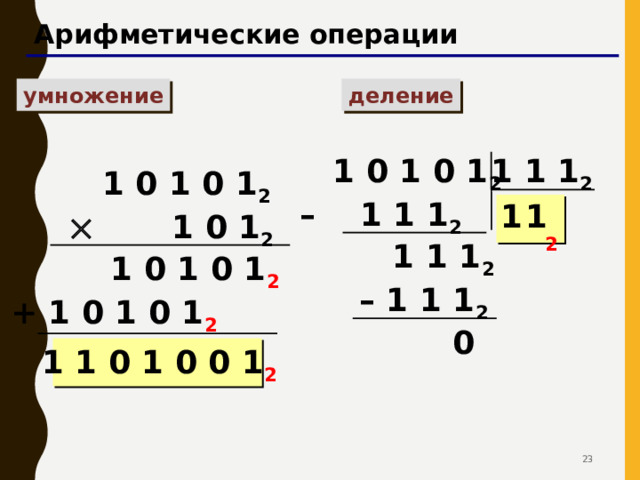 Арифметические операции умножение деление 1 1 1 2  1 0 1 0 1 2 – 1 1 1 2  1 0 1 0 1 2   1 0 1 2 1 1 2  1 1 1 2 – 1 1 1 2  1 0 1 0 1 2 + 1 0 1 0 1 2 0 1 1 0 1 0 0 1 2  23 