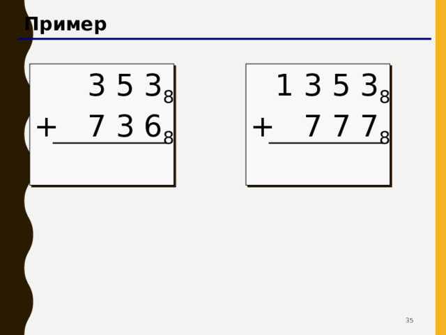 Арифметические операции сложение 1 в перенос    1 5 6 8 + 6 6 2 8 6 + 2 = 8 = 8 + 0 1 в перенос 5 + 6 + 1 = 12 = 8 + 4 1 + 6 + 1 = 8 = 8 + 0 1 0 8 0 4 1 в перенос 30 30 