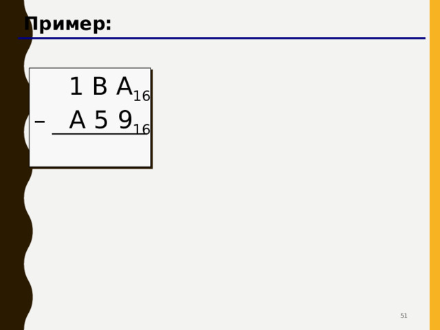 Арифметические операции заем вычитание   С 5 B 16 – A 7 E 16 12  5 11 – 10 7 14  1 D D 16 13 13 1 заем (11+ 16 ) – 14= 13 =D 16 (5 –  1 )+ 16  – 7= 13 =D 16 (12 – 1 ) – 10 = 1 42 42 