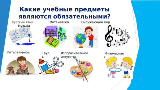 Какие  учебные  предметы  являются обязательными? Русский  язык  Математика Окружающий  мир  Музыка Литературное  чтение Труды  Физическая  культура Изобразительное  искусство 