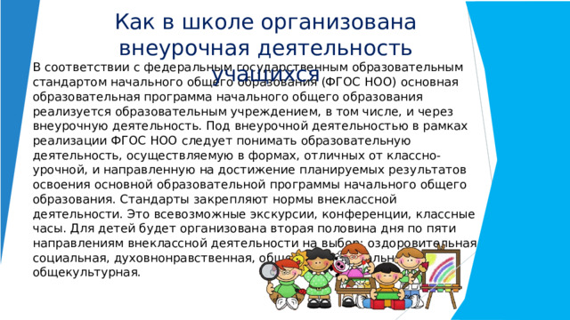 Как  в  школе  организована  внеурочная  деятельность учащихся В  соответствии  с  федеральным  государственным  образовательным  стандартом начального  общего  образования  (ФГОС  НОО)  основная  образовательная  программа начального  общего  образования  реализуется  образовательным  учреждением,  в  том числе,  и  через  внеурочную  деятельность.  Под  внеурочной  деятельностью  в  рамках реализации  ФГОС  НОО  следует  понимать  образовательную  деятельность, осуществляемую  в  формах,  отличных  от  классно- урочной,  и  направленную  на достижение  планируемых  результатов  освоения  основной  образовательной  программы начального  общего  образования.  Стандарты  закрепляют  нормы  внеклассной деятельности.  Это  всевозможные  экскурсии,  конференции,  классные  часы.  Для  детей будет  организована  вторая  половина  дня  по  пяти  направлениям  внеклассной деятельности  на  выбор:  оздоровительная,  социальная,  духовнонравственная, общеинтеллектуальная  и  общекультурная. 