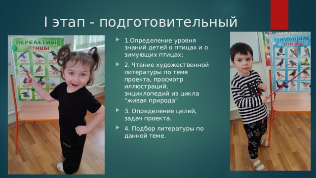  I этап - подготовительный 1.Определение уровня знаний детей о птицах и о зимующих птицах; 2. Чтение художественной литературы по теме проекта, просмотр иллюстраций, энциклопедий из цикла 