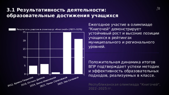  8 3.1 Результативность деятельности: образовательные достижения учащихся  Ежегодное участие в олимпиаде 