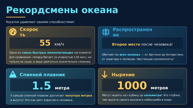  Рекордсмены океана Косатки удивляют своими способностями! Скорость Распространение Второе место после человека! 55  км/ч  Обитают во всех океанах — от Арктики до Антарктики, от экватора к полюсам. Настоящие космополиты! Одни из самых быстрых млекопитающих на планете! Для сравнения: гепард бегает со скоростью 110 км/ч, но только по суше, в воде двигаться значительно сложнее. Спинной плавник Ныряние 1.5 метра 1000 метров У самцов спинной плавник достигает полутора метров в высоту! Это как рост взрослого человека. Могут нырять на глубину до километра ! Это глубже, чем высота самого высокого небоскреба в мире. 