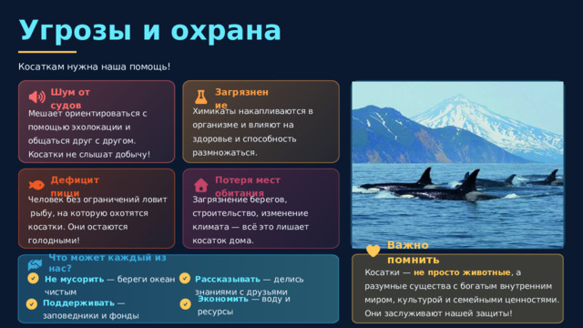 Угрозы и охрана Косаткам нужна наша помощь! Шум от судов Загрязнение Мешает ориентироваться с помощью эхолокации и общаться друг с другом. Косатки не слышат добычу! Химикаты накапливаются в организме и влияют на здоровье и способность размножаться. Дефицит пищи Потеря мест обитания Загрязнение берегов, строительство, изменение климата — всё это лишает косаток дома. Человек без ограничений ловит рыбу, на которую охотятся косатки. Они остаются голодными! Важно помнить Что может каждый из нас? Косатки — не просто животные , а разумные существа с богатым внутренним миром, культурой и семейными ценностями. Они заслуживают нашей защиты! Не мусорить — береги океан чистым Рассказывать — делись знаниями с друзьями Поддерживать — заповедники и фонды Экономить — воду и ресурсы 