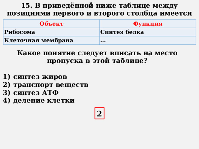 15. В приведённой ниже таблице между позициями первого и второго столбца имеется взаимосвязь. Объект Функция Рибосома Синтез белка Клеточная мембрана … Какое понятие следует вписать на место пропуска в этой таблице?    1)  синтез жиров 2)  транспорт веществ 3)  синтез АТФ 4)  деление клетки 2 