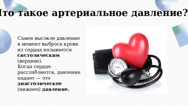 Что такое артериальное давление? Самое высокое давление в момент выброса крови из сердца называется систолическим (верхнее). Когда сердце расслабляется, давление падает — это диастолическое (нижнее) давление. 