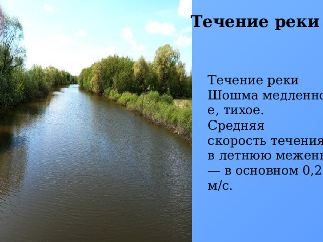Течение реки Течение реки Шошма медленное, тихое. Средняя скорость течения в летнюю межень — в основном 0,2 м/с. 