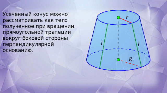 Усеченный конус можно рассматривать как тело полученное при вращении прямоугольной трапеции вокруг боковой стороны перпендикулярной основанию . 