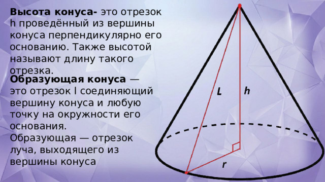 Высота конуса- это отрезок h проведённый из вершины конуса перпендикулярно его основанию. Также высотой называют длину такого отрезка. Образующая конуса  — это отрезок l соединяющий вершину конуса и любую точку на окружности его основания. Образующая — отрезок луча, выходящего из вершины конуса 