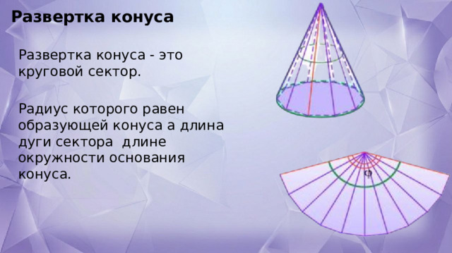 Развертка конуса Развертка конуса - это круговой сектор. Радиус которого равен образующей конуса а длина дуги сектора  длине окружности основания конуса. 