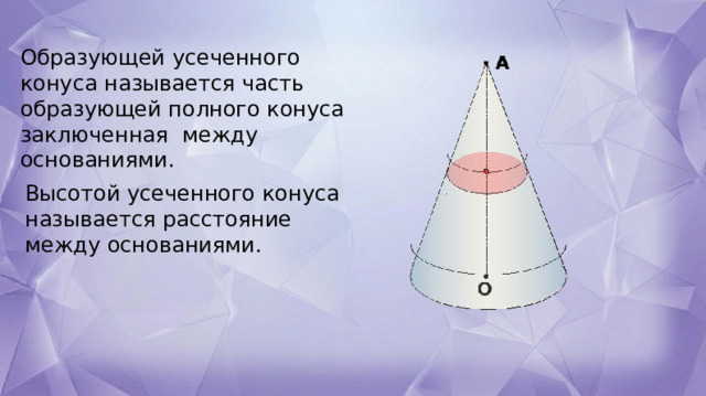 Образующей усеченного конуса называется часть образующей полного конуса заключенная  между основаниями. Высотой усеченного конуса называется расстояние между основаниями. 