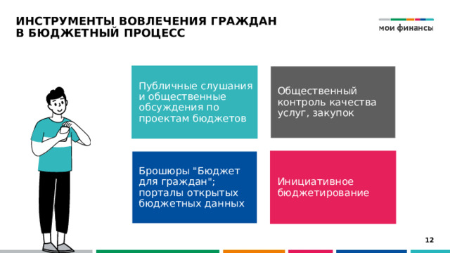 ИНСТРУМЕНТЫ ВОВЛЕЧЕНИЯ ГРАЖДАН  В БЮДЖЕТНЫЙ ПРОЦЕСС Публичные слушания  и общественные обсуждения по проектам бюджетов Общественный контроль качества услуг, закупок Брошюры 