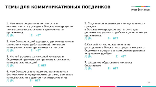 ТЕМЫ ДЛЯ КОММУНИКАТИВНЫХ ПОЕДИНКОВ 5. Социальной активности и инициативности граждан  в бюджетном процессе достаточно для решения актуальных проблем в данном месте проживания. 1. Чем выше социальная активность и инициативность граждан в бюджетном процессе, тем выше качество жизни в данном месте проживания. А) ДА    Б) НЕТ А) ДА    Б) НЕТ 6.Каждый из нас может влиять на расходование бюджетных средств местного бюджета и предлагать конкретные решения актуальных проблем. 2. Чем больше людей трудятся, уплачивая налоги (лично или через работодателя), тем выше качество их жизни при выходе на пенсию А) ДА    Б) НЕТ А) ДА    Б) НЕТ 7. Школьное образование является бесплатным. А) ДА    Б) НЕТ 3. Низкий уровень финансовой культуры и бюджетной грамотности приводит к снижению качества жизни людей А) ДА    Б) НЕТ  4. Чем больше ставка налогов, уплачиваемых физическими и юридическими лицами, тем выше качество жизни в данном месте проживания. А) ДА    Б) НЕТ  12 