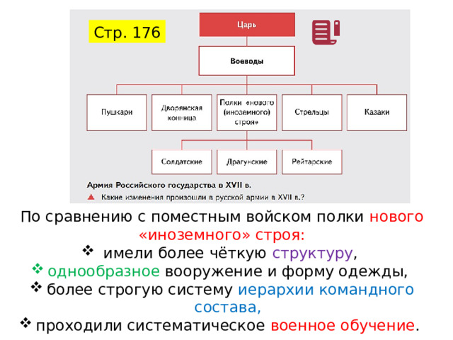 Стр. 176 По сравнению с поместным войском полки нового «иноземного» строя:  имели более чёткую структуру , однообразное вооружение и форму одежды, более строгую систему иерархии командного состава, проходили систематическое военное обучение . 