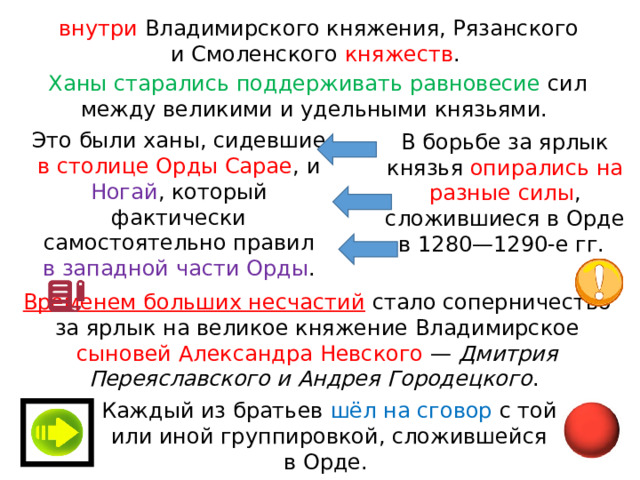 внутри Владимирского княжения, Рязанского и Смоленского княжеств . Ханы старались поддерживать равновесие сил между великими и удельными князьями. Это были ханы, сидевшие в столице Орды Сарае , и Ногай , который фактически самостоятельно правил в западной части Орды . В борьбе за ярлык князья опирались на разные силы , сложившиеся в Орде в 1280—1290-е гг. Временем больших несчастий  стало соперничество за ярлык на великое княжение Владимирское сыновей Александра Невского  — Дмитрия Переяславского и Андрея Городецкого . Каждый из братьев  шёл на сговор с той или иной группировкой, сложившейся в Орде. 