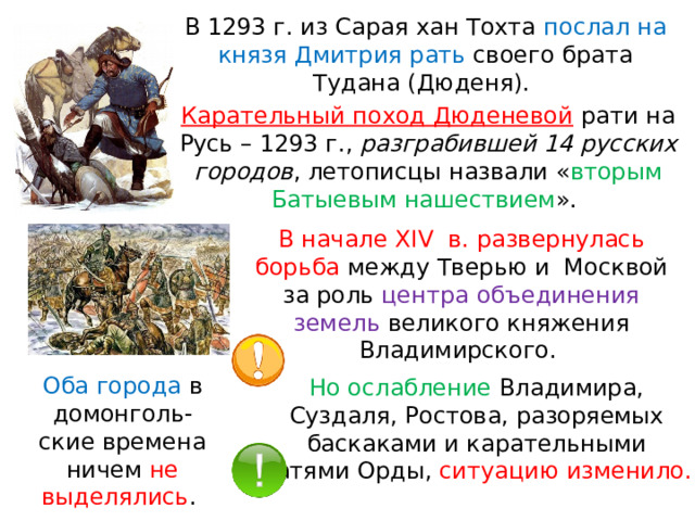 В 1293 г. из Сарая хан Тохта послал на князя Дмитрия рать своего брата Тудана (Дюденя). Карательный поход Дюденевой  рати на Русь – 1293 г., разграбившей 14 русских городов , летописцы назвали « вторым Батыевым нашествием ». В начале XIV  в. развернулась борьба между Тверью и  Москвой за роль центра объединения земель великого княжения Владимирского. Оба города в домонголь-ские времена ничем не выделялись . Но ослабление Владимира, Суздаля, Ростова, разоряемых баскаками и карательными ратями Орды, ситуацию изменило. 