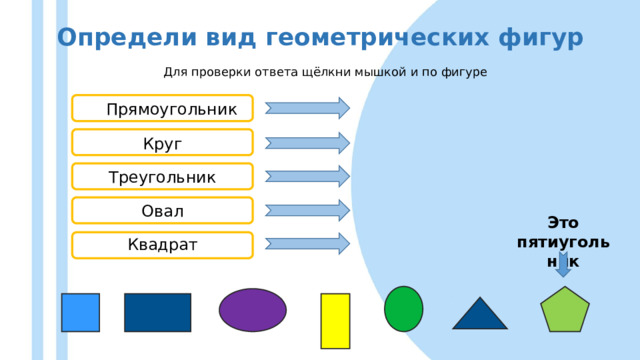 Определи вид геометрических фигур   Для проверки ответа щёлкни мышкой и по фигуре Прямоугольник Круг Треугольник Овал Это пятиугольник Квадрат 