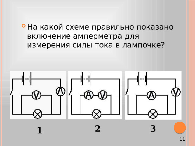 На какой схеме правильно показано включение амперметра для измерения силы тока в лампочке? 2 3 1 11 