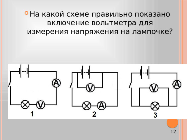 На какой схеме правильно показано включение вольтметра для измерения напряжения на лампочке? 12 