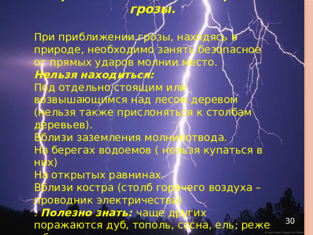  Правила поведения во время грозы.  При приближении грозы, находясь в природе, необходимо занять безопасное от прямых ударов молнии место. Нельзя находиться:  Под отдельно стоящим или возвышающимся над лесом деревом (нельзя также прислоняться к столбам деревьев). Вблизи заземления молниеотвода. На берегах водоемов ( нельзя купаться в них) На открытых равнинах. Вблизи костра (столб горячего воздуха – проводник электричества) . Полезно знать:  чаще других поражаются дуб, тополь, сосна, ель; реже – береза и клен .  30 