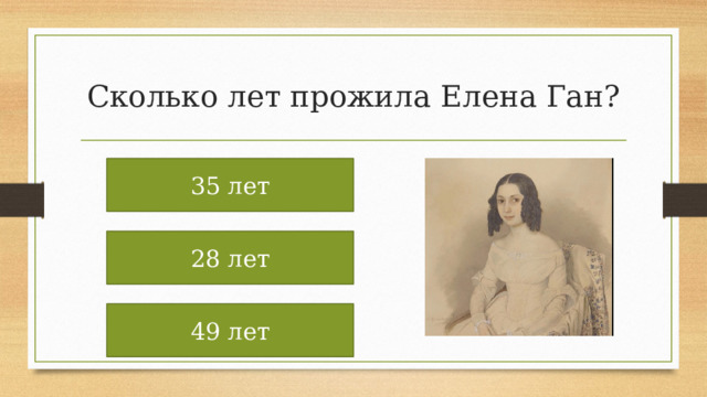 Сколько лет прожила Елена Ган? 35 лет 28 лет 49 лет 