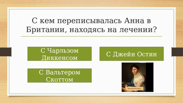 С кем переписывалась Анна в Британии, находясь на лечении? С Чарльзом Диккенсом С Джейн Остин С Вальтером Скоттом 