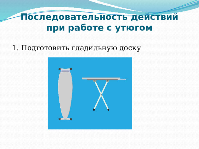Последовательность действий при работе с утюгом 1. Подготовить гладильную доску 