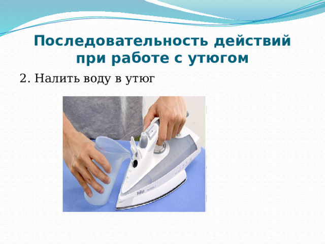 Последовательность действий при работе с утюгом 2. Налить воду в утюг 
