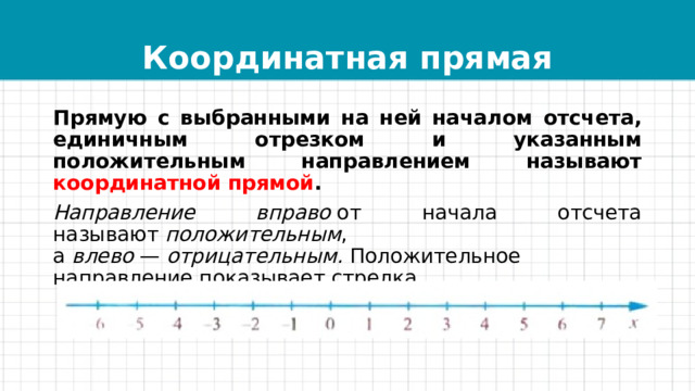 Координатная прямая Прямую с выбранными на ней началом отсчета, единичным отрезком и указанным положительным направлением называют координатной прямой .   Направление вправо  от начала отсчета называют  положительным , а  влево  —  отрицательным.  Положительное направление показывает стрелка. 
