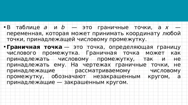 В таблице   a   и   b   — это граничные точки, а   x   — переменная, которая может принимать координату любой точки, принадлежащей числовому промежутку. Граничная точка  — это точка, определяющая границу числового промежутка. Граничная точка может как принадлежать числовому промежутку, так и не принадлежать ему. На чертежах граничные точки, не принадлежащие рассматриваемому числовому промежутку, обозначают незакрашенным кругом, а принадлежащие — закрашенным кругом. 
