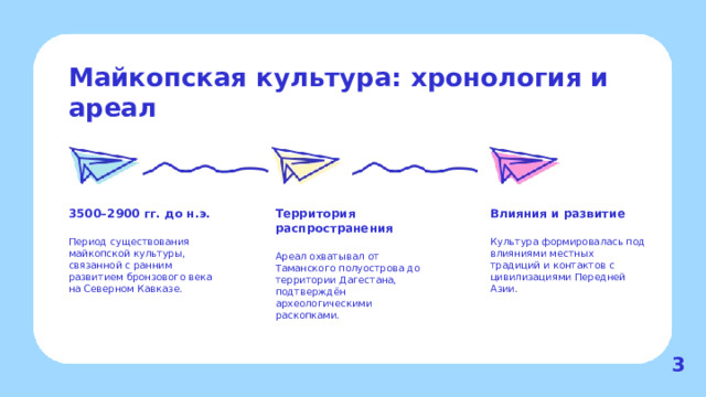 Майкопская культура: хронология и ареал  3500–2900 гг. до н.э. Территория распространения Влияния и развитие    Культура формировалась под влияниями местных традиций и контактов с цивилизациями Передней Азии. Период существования майкопской культуры, связанной с ранним развитием бронзового века на Северном Кавказе. Ареал охватывал от Таманского полуострова до территории Дагестана, подтверждён археологическими раскопками. 3  