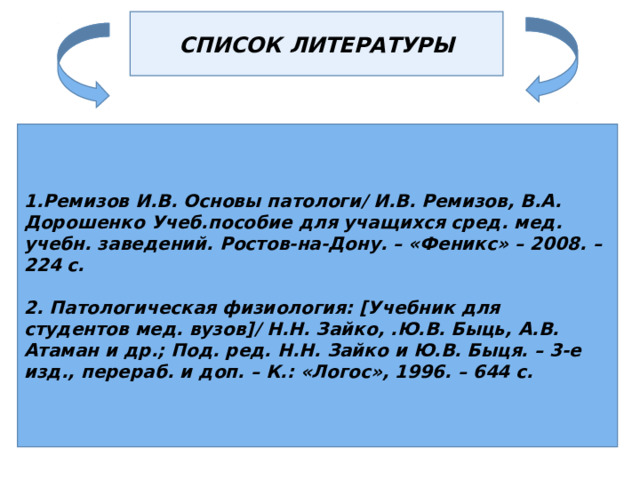 СПИСОК ЛИТЕРАТУРЫ  Ремизов И.В. Основы патологи/ И.В. Ремизов, В.А. Дорошенко Учеб.пособие для учащихся сред . мед. учебн. заведений. Ростов-на-Дону. – «Феникс» – 20 08 . – 224 с.   Патологическая физиология: [Учебник для студентов мед. вузов]/ Н.Н. Зайко, .Ю.В. Быць, А.В. Атаман и др.; Под. ред. Н.Н. Зайко и Ю.В. Быця. – 3-е изд., перераб. и доп. – К.: «Логос», 1996. – 644 с.   