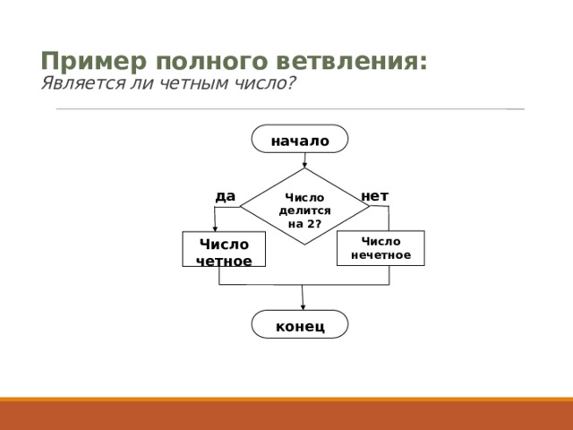 Пример полного ветвления:  Является ли четным число?   начало Число делится на 2? нет да Число нечетное Число четное конец 