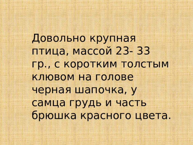 Довольно крупная птица, массой 23- 33 гр., с коротким толстым клювом на голове черная шапочка, у самца грудь и часть брюшка красного цвета. 