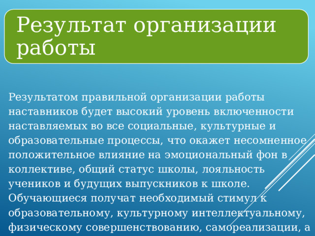 Результат организации работы Результатом правильной организации работы  наставников будет высокий уровень включенности  наставляемых во все социальные, культурные и  образовательные процессы, что окажет несомненное  положительное влияние на эмоциональный фон в  коллективе, общий статус школы, лояльность учеников и  будущих выпускников к школе. Обучающиеся получат  необходимый стимул к образовательному, культурному интеллектуальному, физическому совершенствованию,  самореализации, а также развитию необходимых  компетенций. 