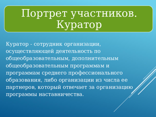 Портрет участников. Куратор Куратор - сотрудник организации, осуществляющей деятельность по общеобразовательным, дополнительным общеобразовательным программам и программам среднего профессионального образования, либо организации из числа ее партнеров, который отвечает за организацию программы наставничества. 