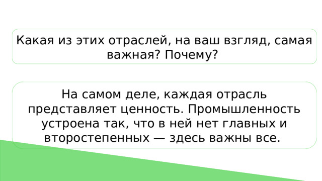 Какая из этих отраслей, на ваш взгляд, самая важная? Почему? На самом деле, каждая отрасль представляет ценность. Промышленность устроена так, что в ней нет главных и второстепенных — здесь важны все. 