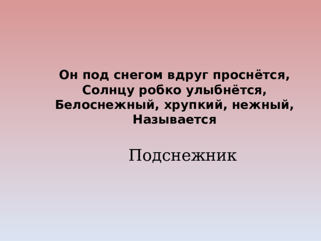 Он под снегом вдруг проснётся,  Солнцу робко улыбнётся,  Белоснежный, хрупкий, нежный,  Называется   Подснежник 
