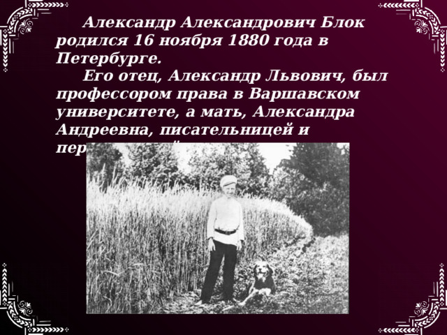 Александр Александрович Блок родился 16 ноября 1880 года в Петербурге. Его отец, Александр Львович, был профессором права в Варшавском университете, а мать, Александра Андреевна, писательницей и переводчицей. 