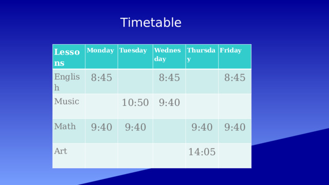 Timetable Lessons Monday English 8:45 Tuesday Music   Wednesday   Math 9:40 8:45 Art 10:50 Thursday 9:40   Friday 9:40   8:45         9:40   9:40 14:05   