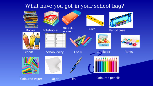 What have you got in your school bag? rubber/ eraser Ruler  Books Notebooks Pencil case Lunchbox Paints Chalk Pencils School dairy Coloured pencils Coloured Paper Paper Pen 