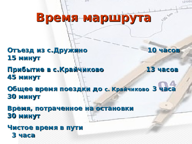 Время маршрута Отъезд из с.Дружино 10 часов 15 минут Прибытие в с.Крайчиково 13 часов 45 минут Общее время поездки до с. Крайчиково  3 часа 30 минут Время, потраченное на остановки 30 минут Чистое время в пути 3 часа 