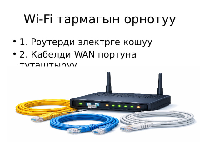 Wi‑Fi тармагын орнотуу 1. Роутерди электрге кошуу 2. Кабелди WAN портуна туташтыруу 