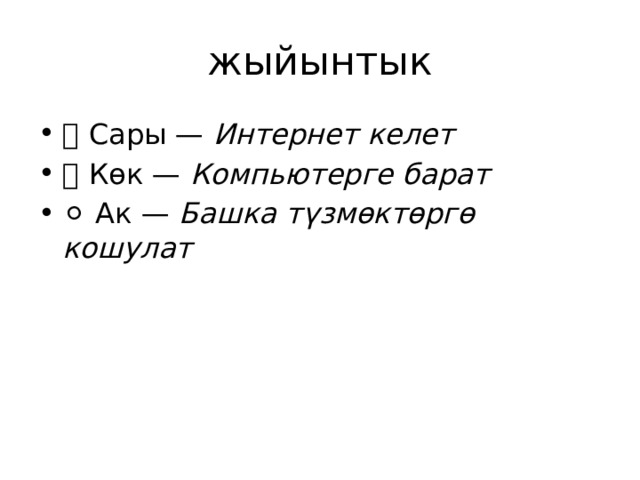 жыйынтык 🟡 Сары — Интернет келет 🔵 Көк — Компьютерге барат ⚪ Ак — Башка түзмөктөргө кошулат 