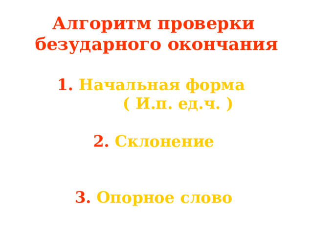 Алгоритм проверки безударного окончания  1. Начальная форма  ( И.п. ед.ч. )  2. Склонение   3. Опорное слово   