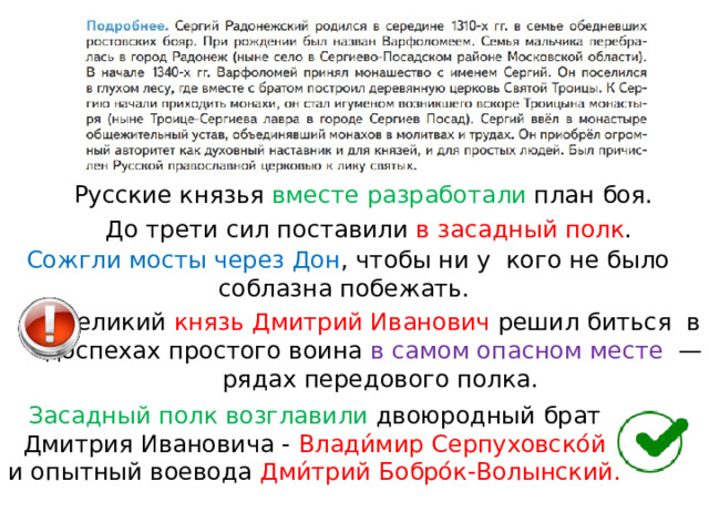 Русские князья вместе разработали план боя. До трети сил поставили в засадный полк . Сожгли мосты через Дон , чтобы ни у  кого не было соблазна побежать. Великий князь Дмитрий Иванович решил биться  в  доспехах простого воина в самом опасном месте   — в рядах передового полка. Засадный полк возглавили двоюродный брат Дмитрия Ивановича - Влади́мир Серпуховско́й и опытный воевода Дми́трий Бобро́к-Волынский. 