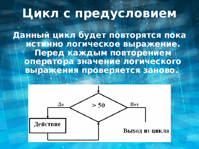 Цикл с предусловием Данный цикл будет повторятся пока истинно логическое выражение. Перед каждым повторением оператора значение логического выражения проверяется заново. 